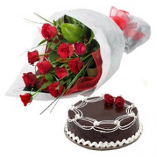 Red Roses with 1/2 Kg Chocolate Cake